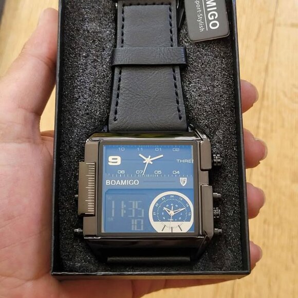 BOAMIGO Big Square Dial 3 TimeZone‎ Stylish Watch For Men - Picture 5 of 12